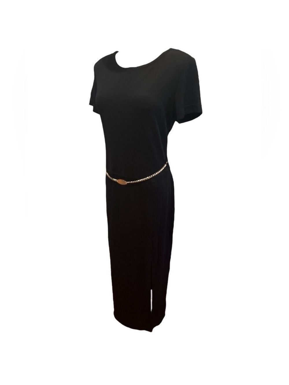 90s RONNIE NICOLE BLACK STRETCH KNIT LONG MIDI DRESS W SLIT & CHAIN DETAIL SZ 10 - Picture 4 of 10